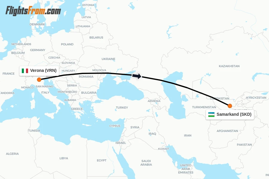 Flights from Verona to Samarkand route map