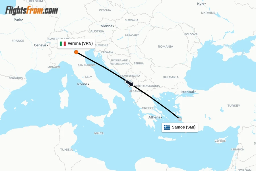 Flights from Verona to Samos route map