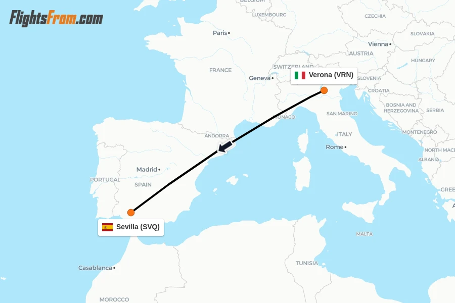 Flights from Verona to Sevilla route map