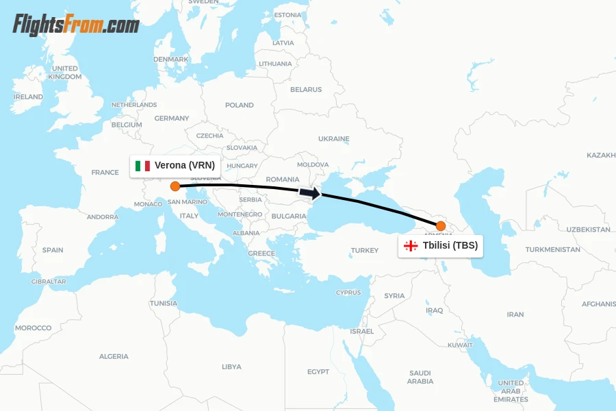 Flights from Verona to Tbilisi route map