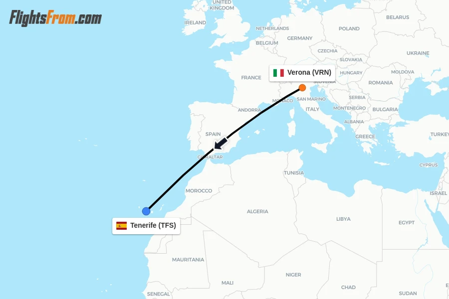 Flights from Verona to Tenerife route map