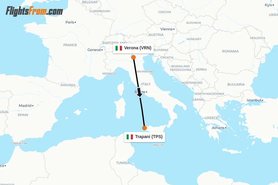 Flights from Verona to Trapani route map
