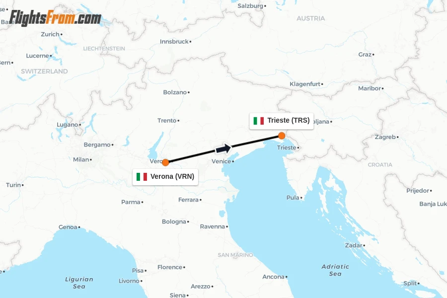 Flights from Verona to Trieste route map