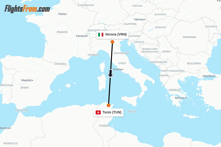 Flights from Verona to Tunis route map