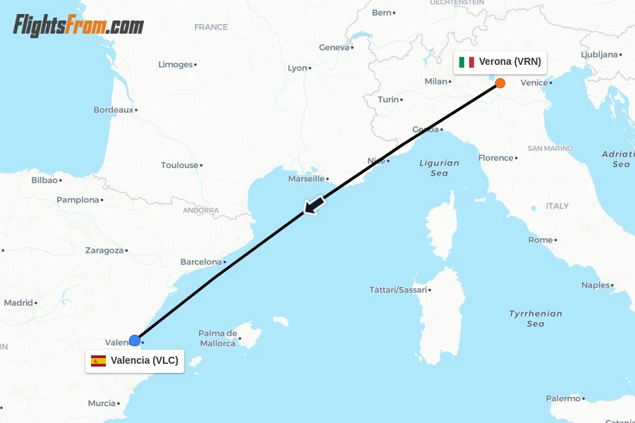 Flights from Verona to Valencia route map