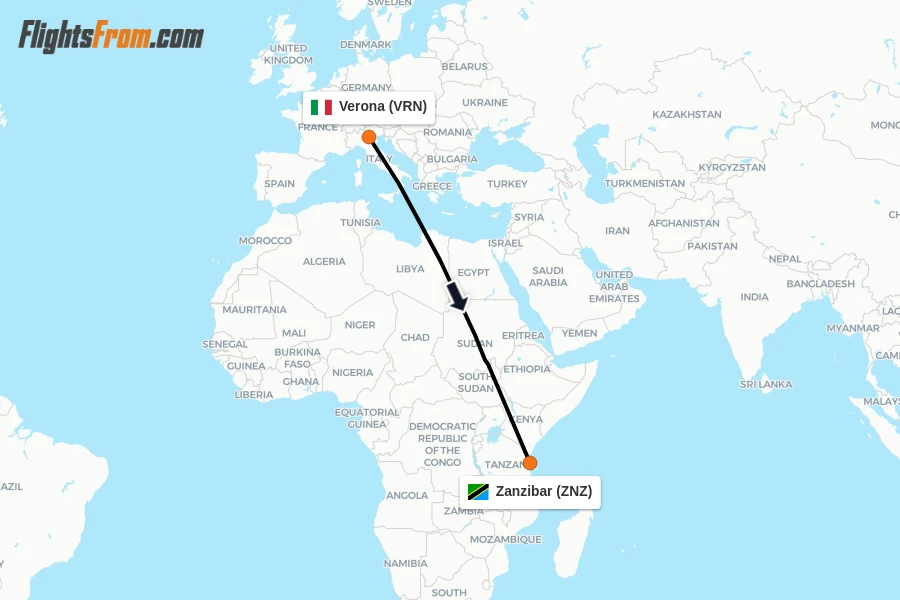 Flights from Verona to Zanzibar route map