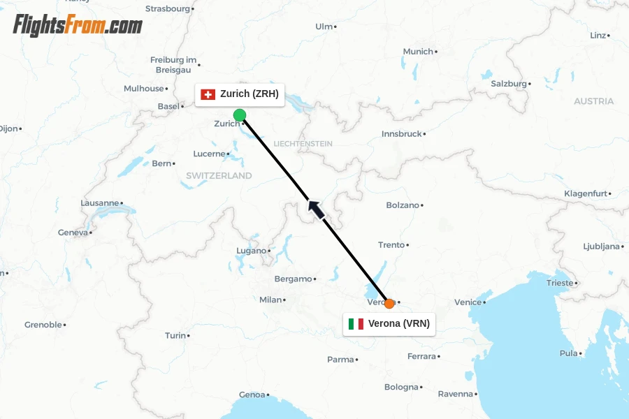 Flights from Verona to Zurich route map