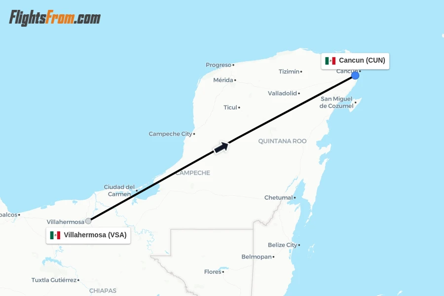 Flights from Villahermosa to Cancun route map