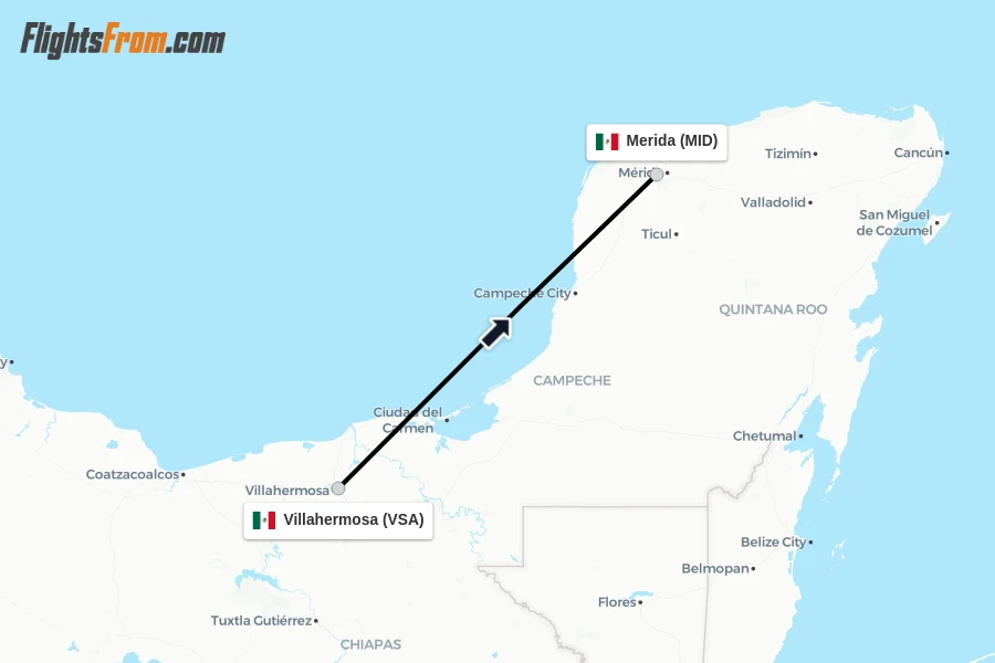 Flights from Villahermosa to Merida route map