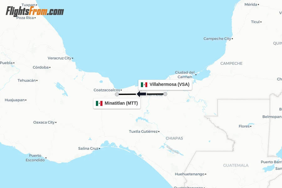 Flights from Villahermosa to Minatitlan route map
