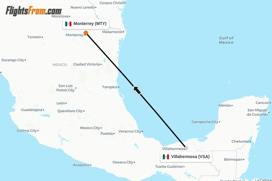 Flights from Villahermosa to Monterrey route map