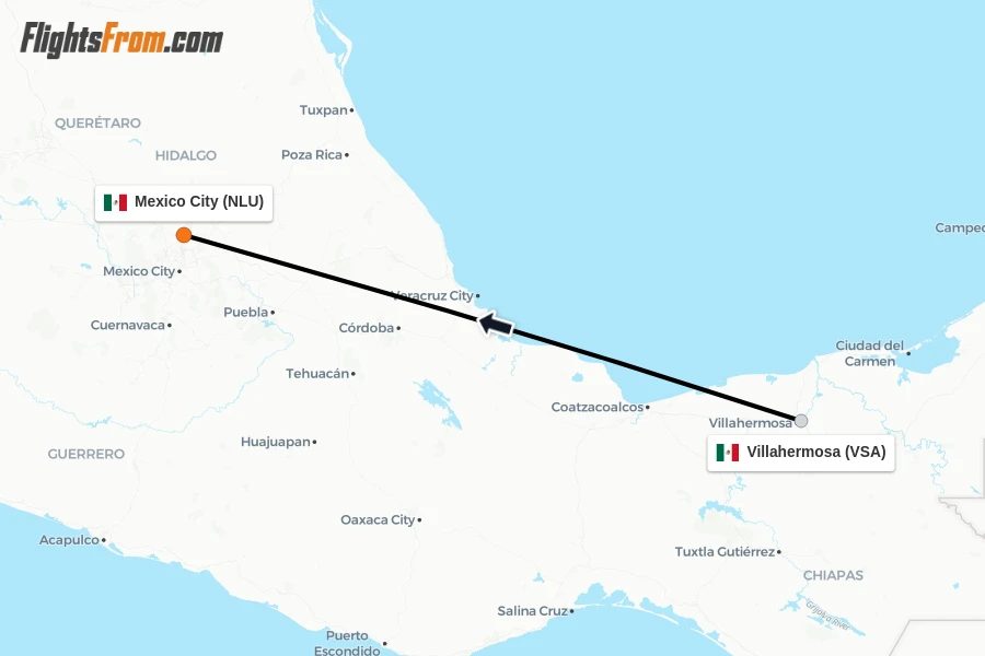 Flights from Villahermosa to Mexico City route map