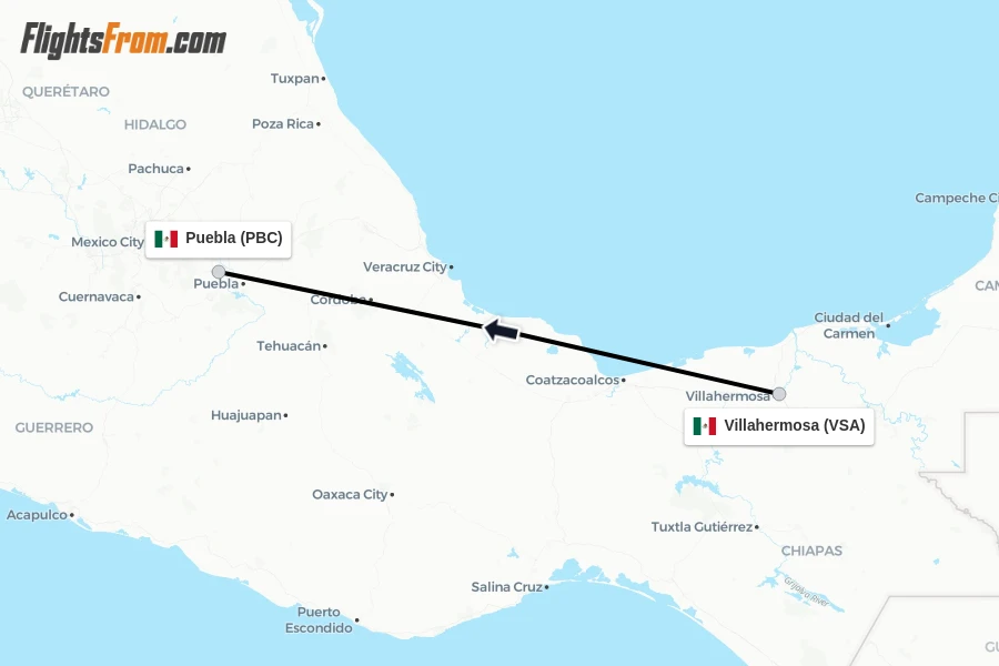 Flights from Villahermosa to Puebla route map