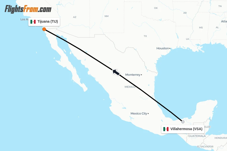 Flights from Villahermosa to Tijuana route map
