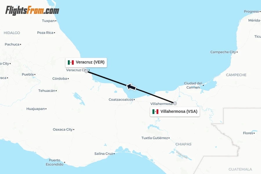 Flights from Villahermosa to Veracruz route map