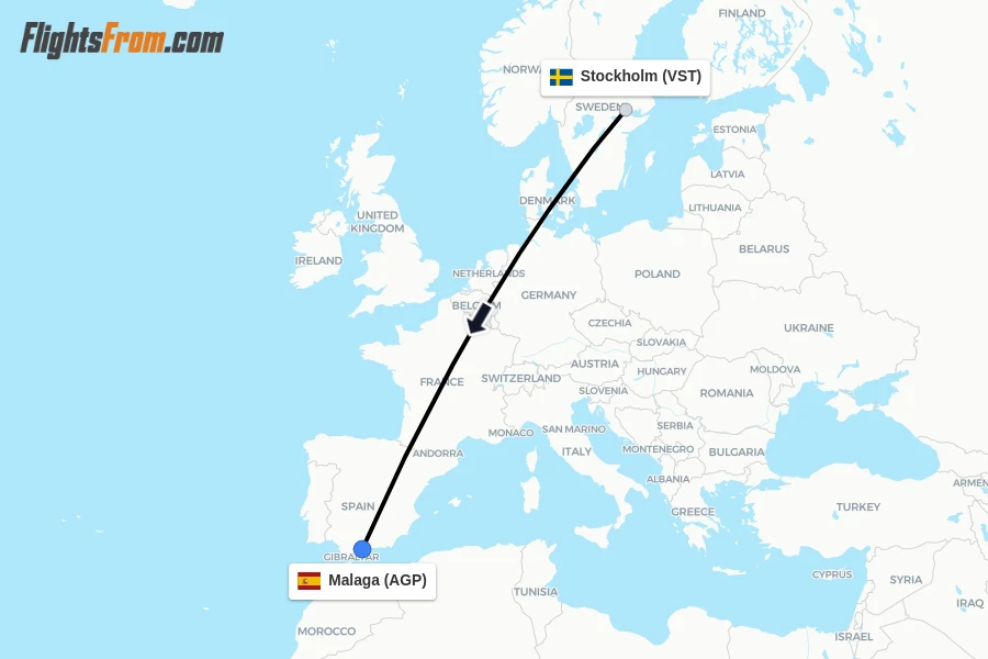 Flights from Stockholm to Malaga route map