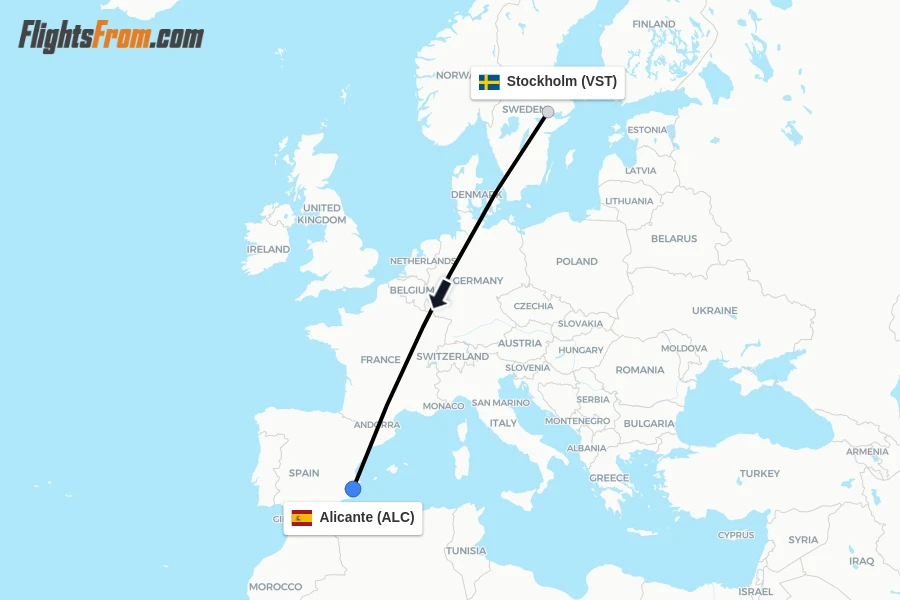 Flights from Stockholm to Alicante route map