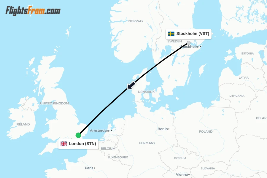 Flights from Stockholm to London route map
