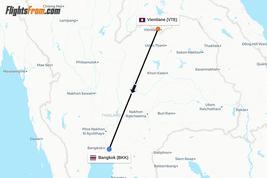 Flights from Vientiane to Bangkok route map