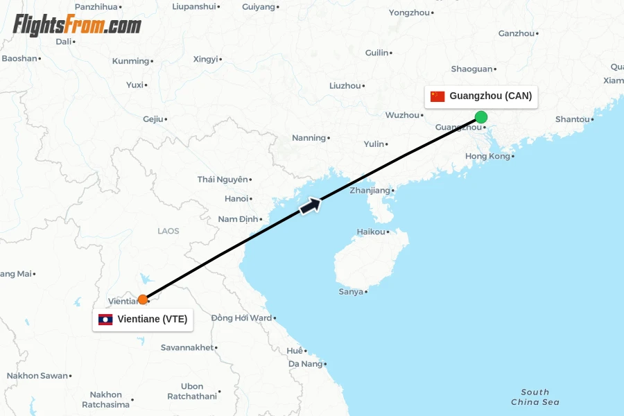 Flights from Vientiane to Guangzhou route map