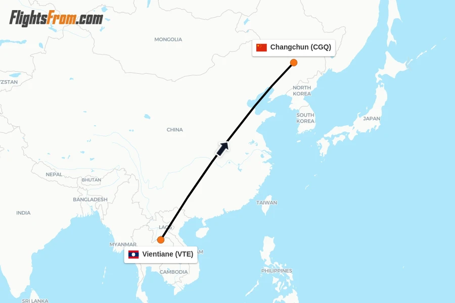 Flights from Vientiane to Changchun route map