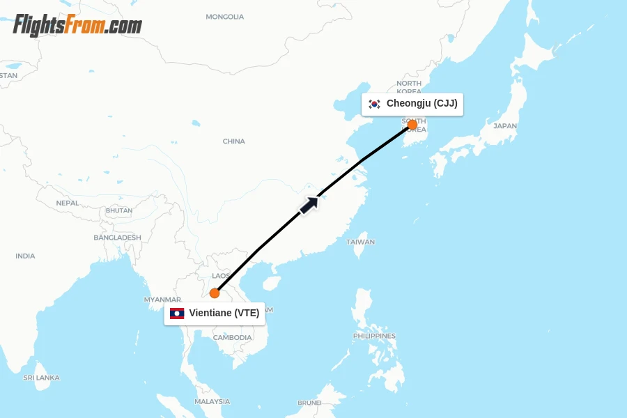Flights from Vientiane to Cheongju route map