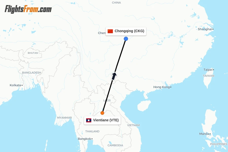 Flights from Vientiane to Chongqing route map