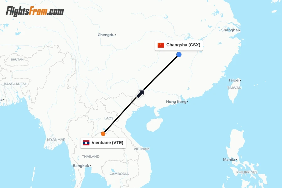 Flights from Vientiane to Changsha route map