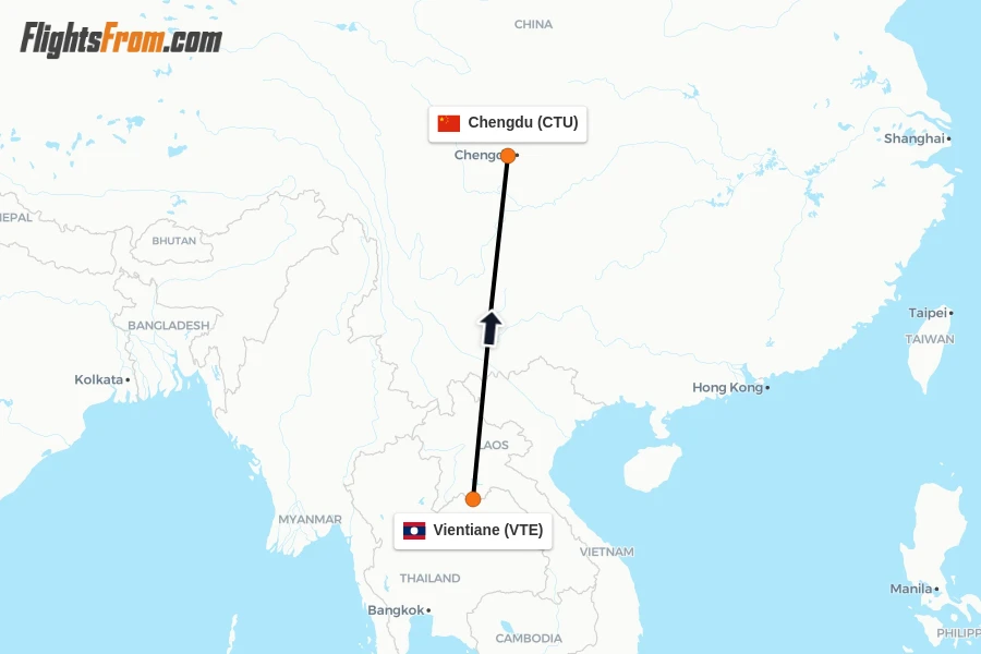 Flights from Vientiane to Chengdu route map