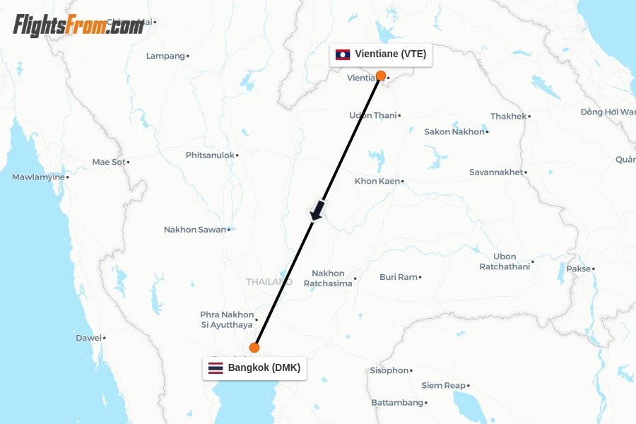 Flights from Vientiane to Bangkok route map