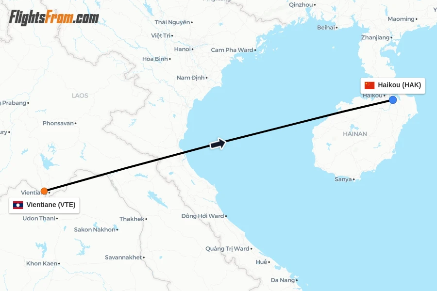 Flights from Vientiane to Haikou route map