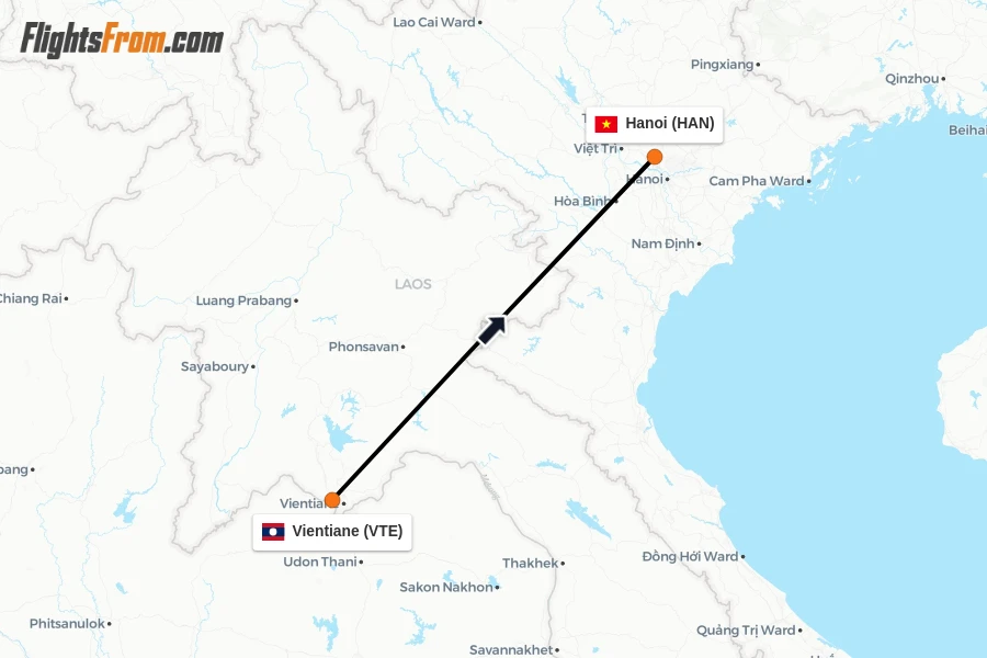 Flights from Vientiane to Hanoi route map