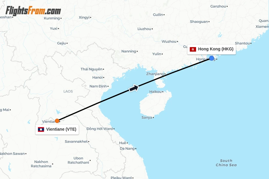Flights from Vientiane to Hong Kong route map