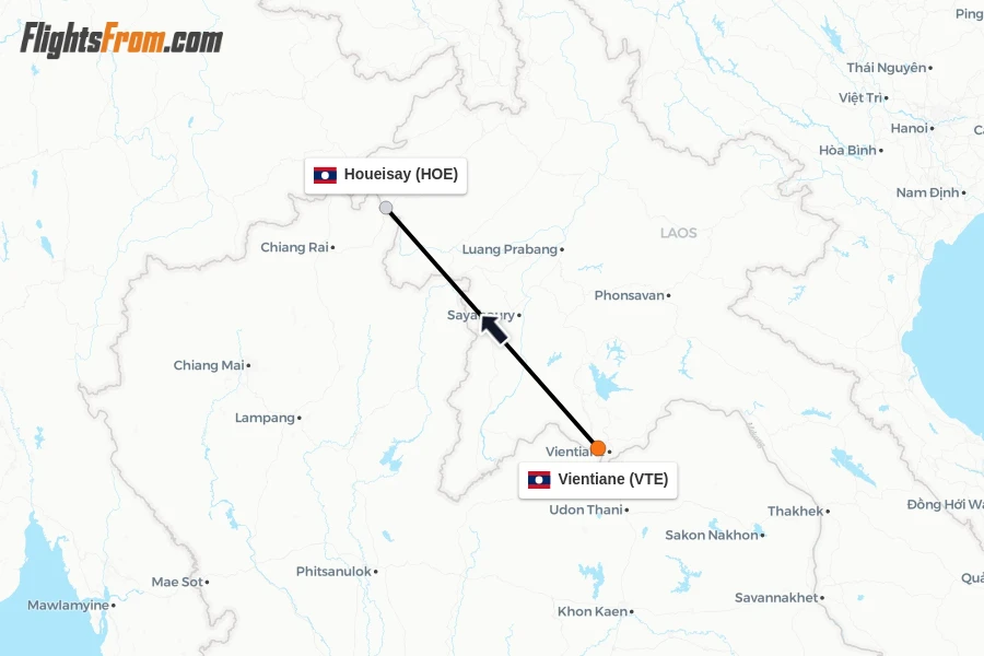 Flights from Vientiane to Houeisay route map