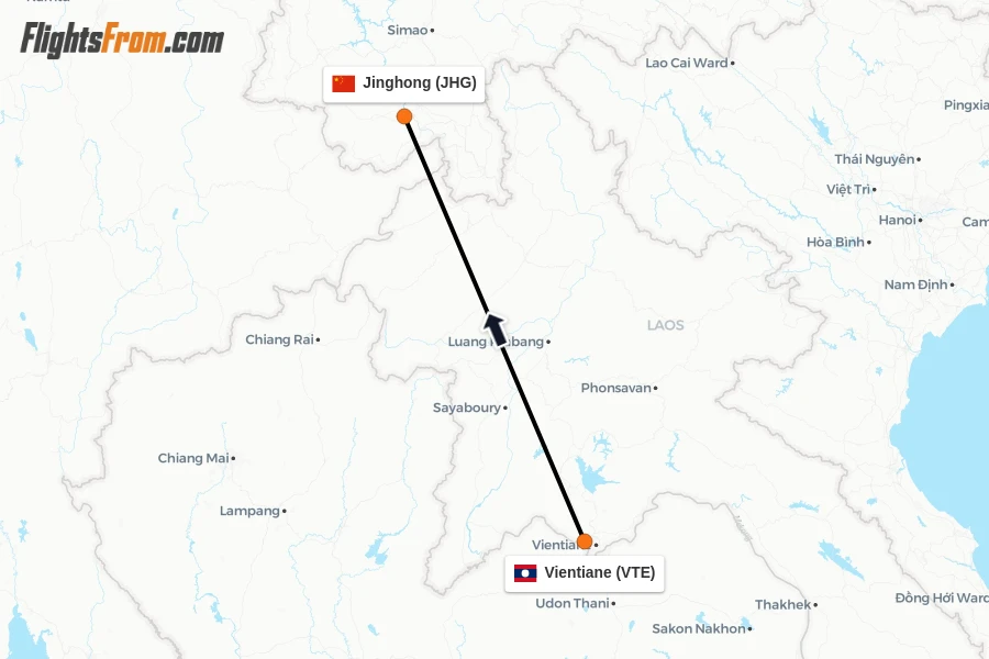 Flights from Vientiane to Jinghong route map