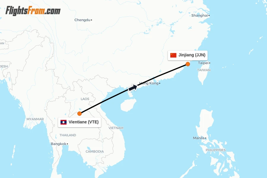 Flights from Vientiane to Jinjiang route map