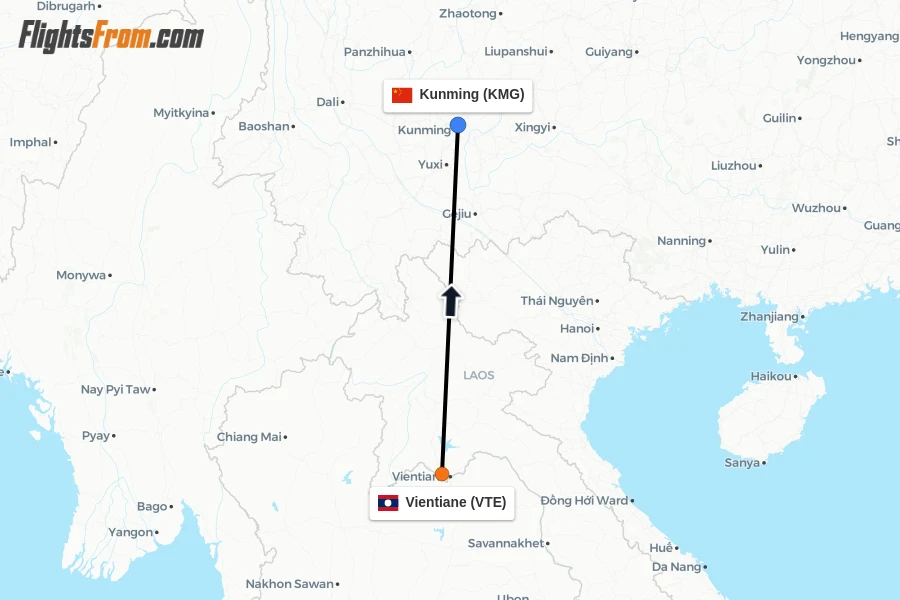 Flights from Vientiane to Kunming route map