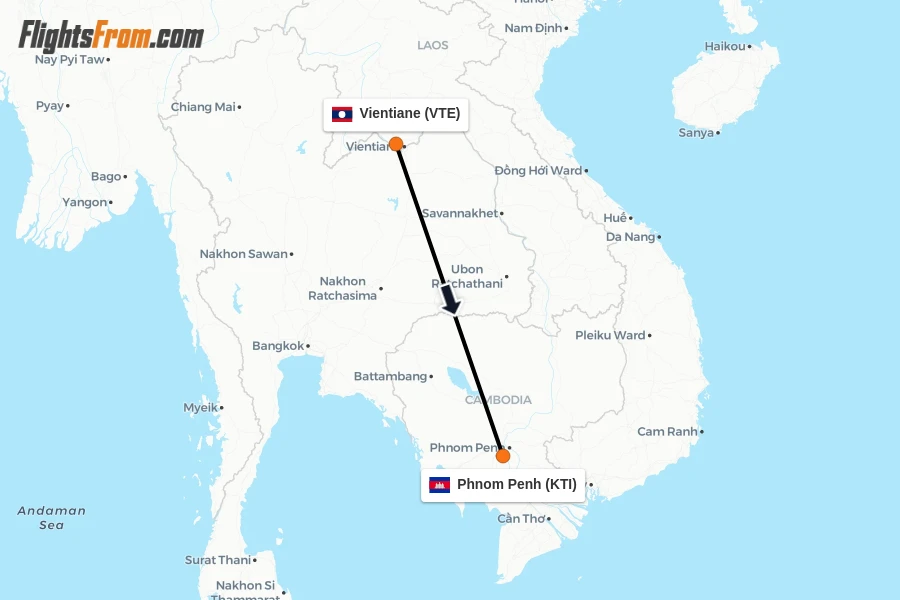 Flights from Vientiane to Phnom Penh route map