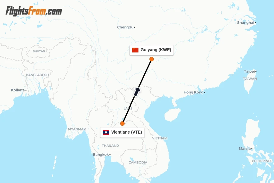 Flights from Vientiane to Guiyang route map