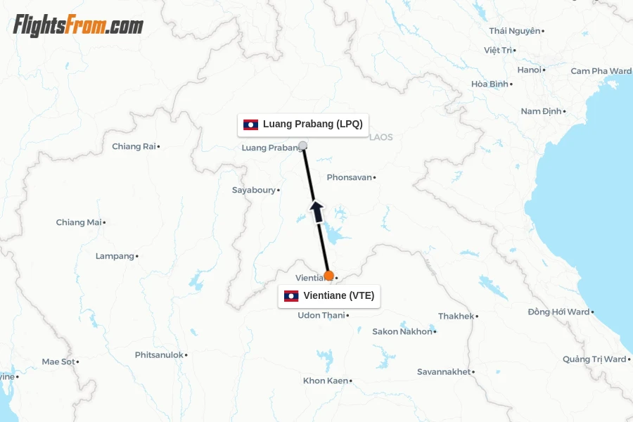 Flights from Vientiane to Luang Prabang route map