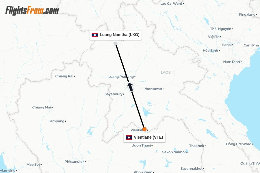 Flights from Vientiane to Luang Namtha route map