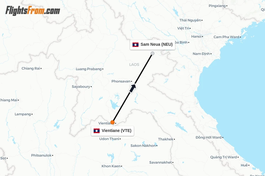 Flights from Vientiane to Sam Neua route map