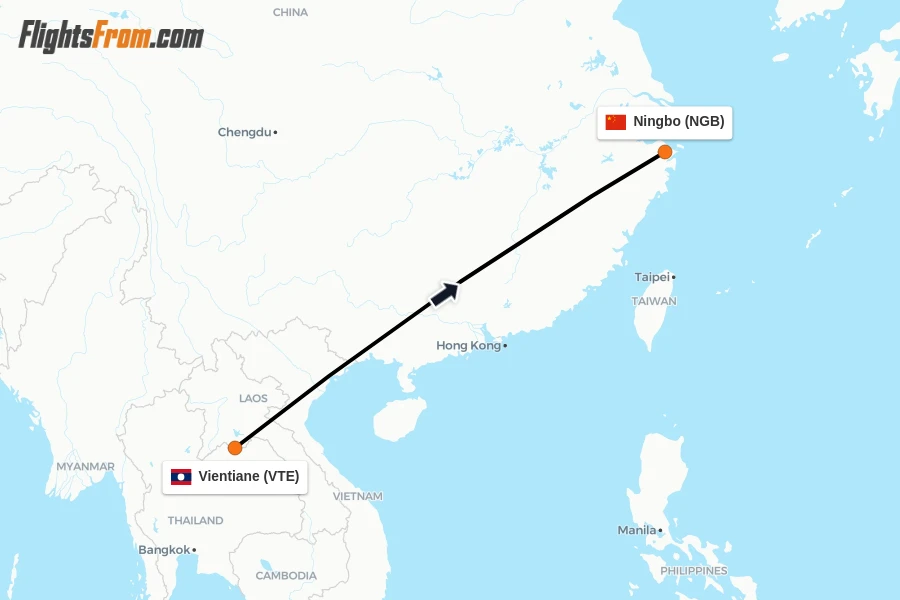 Flights from Vientiane to Ningbo route map