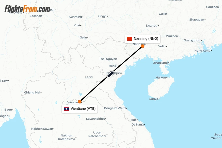 Flights from Vientiane to Nanning route map