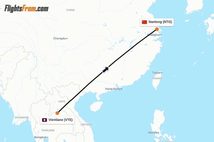 Flights from Vientiane to Nantong route map