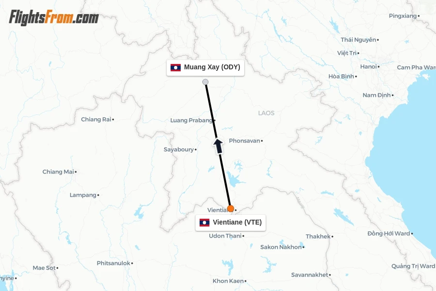 Flights from Vientiane to Muang Xay route map