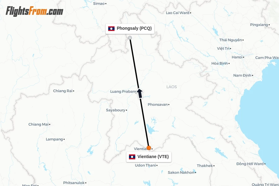 Flights from Vientiane to Phongsaly route map