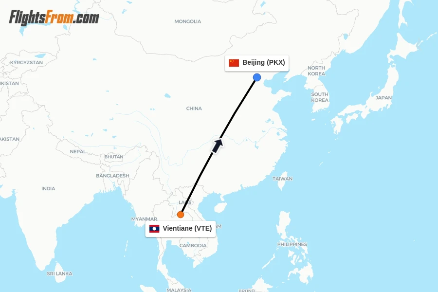 Flights from Vientiane to Beijing route map