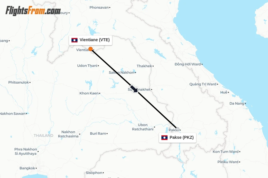 Flights from Vientiane to Pakse route map
