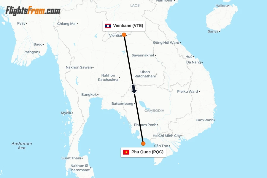 Flights from Vientiane to Phu Quoc route map